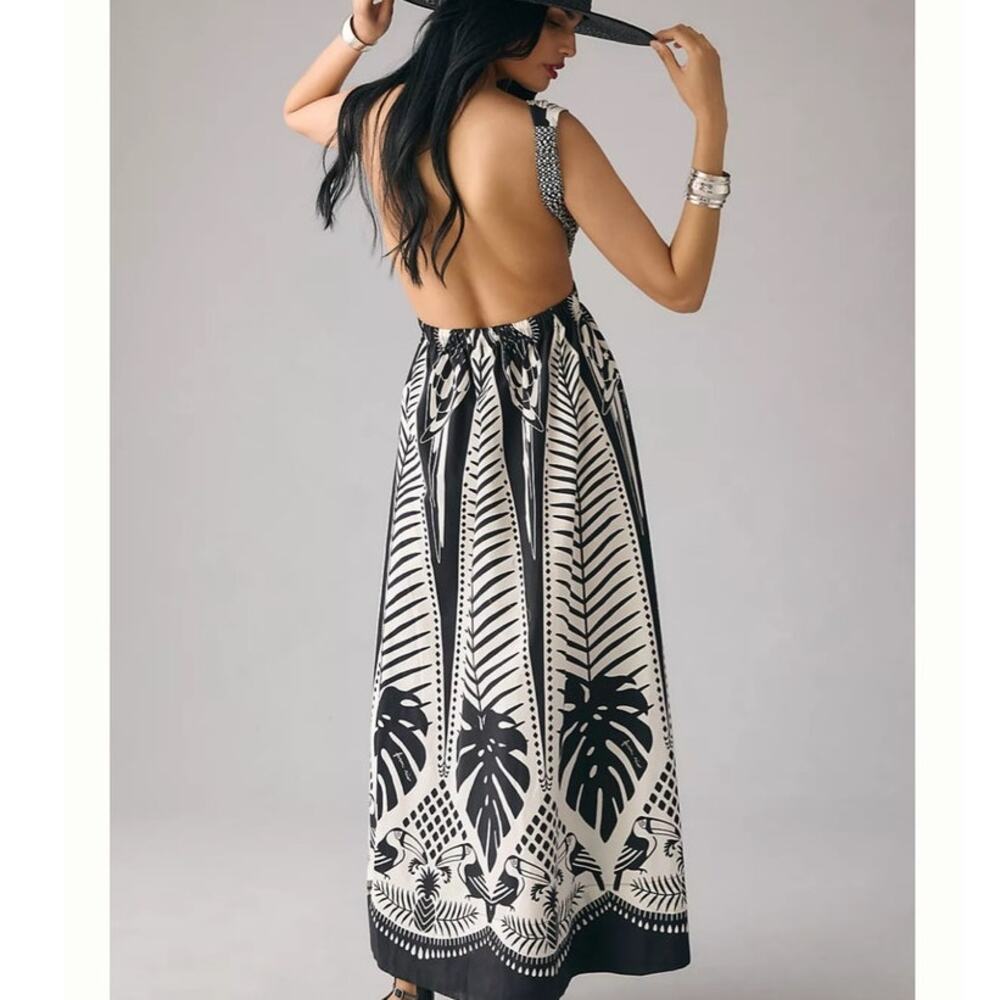 Farm Rio Macaw Elegance Black White Tropical Maxi Dress Cutout XL - Picture 2 of 11